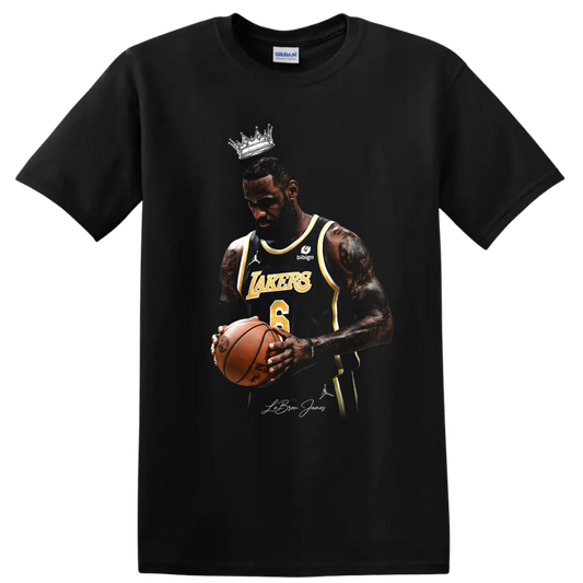 LeBron James Lakers-style basketball portrait with crown and number 6 jersey on a Black T Shirt