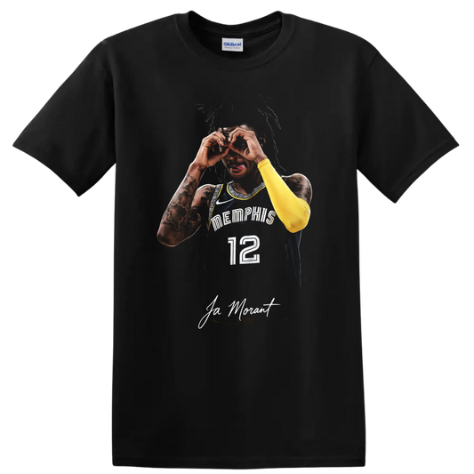 Ja Morant Memphis Grizzlies number 12 basketball portrait with binocular hand gesture on a Black T Shirt