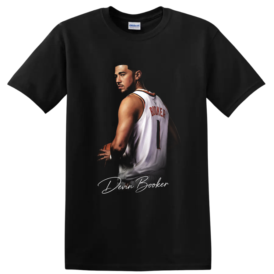 Devin Booker Phoenix Suns jersey portrait with basketball, number 1 and signature script on a Black T Shirt