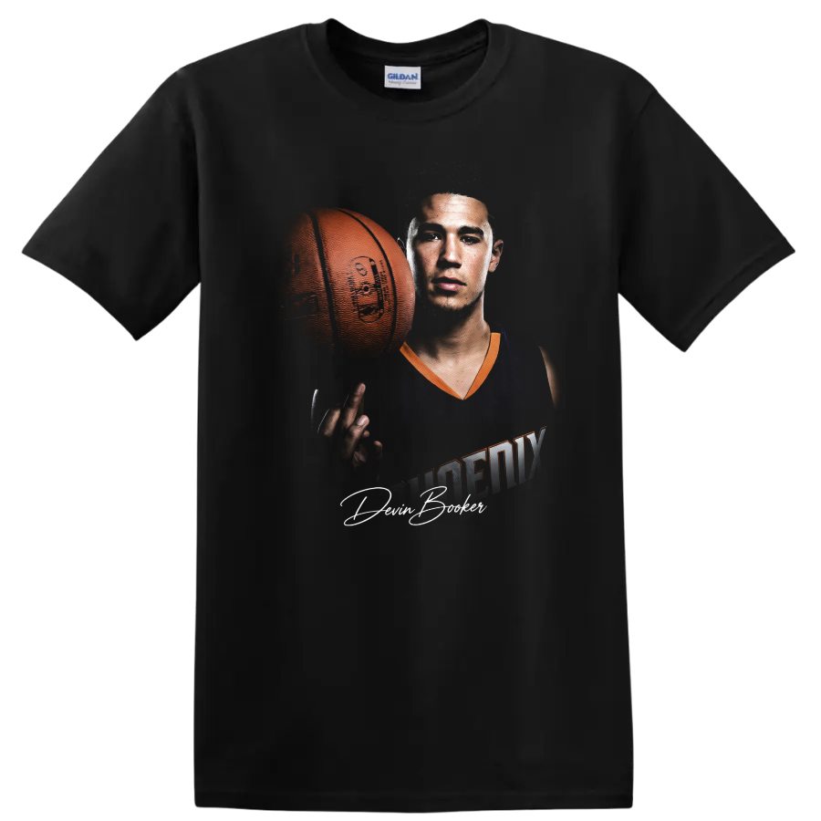 Kevin Durant Phoenix Suns basketball player portrait with ball and signature-style text on a Black T Shirt