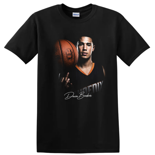 Kevin Durant Phoenix Suns basketball player portrait with ball and signature-style text on a Black T Shirt