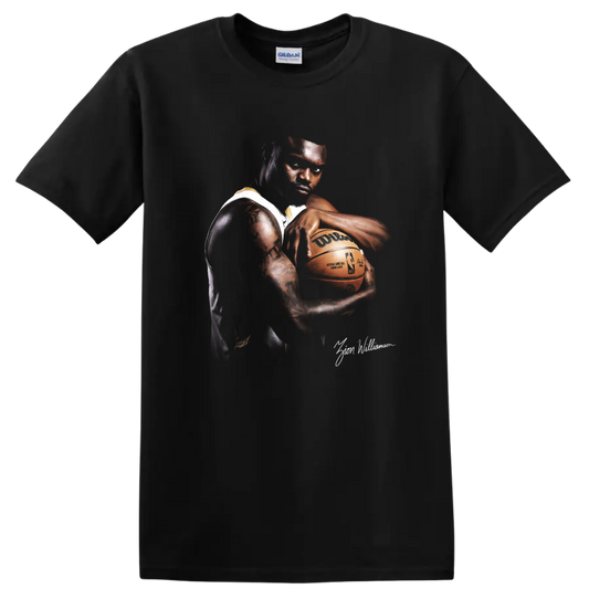Zion Williamson basketball portrait holding a ball in dramatic high-contrast style on a Black T Shirt