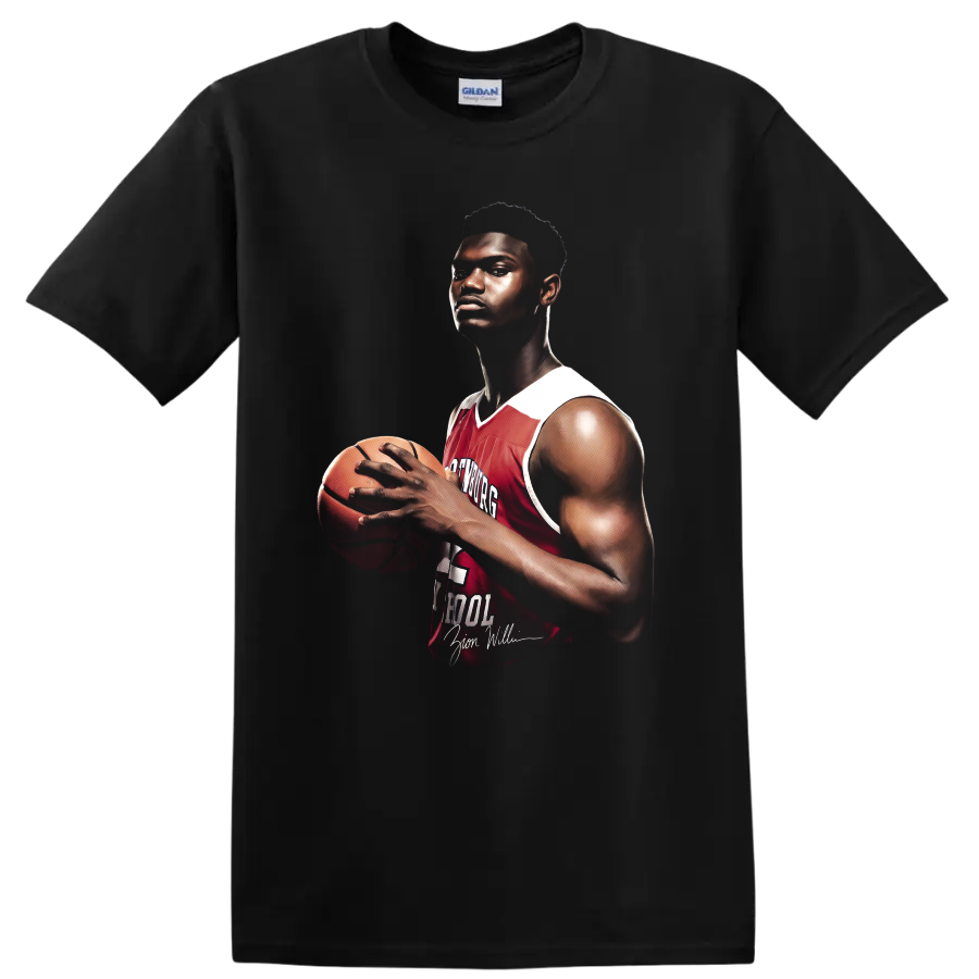 Zion Williamson Spartanburg Day School basketball portrait with red number 1 jersey on a Black T Shirt