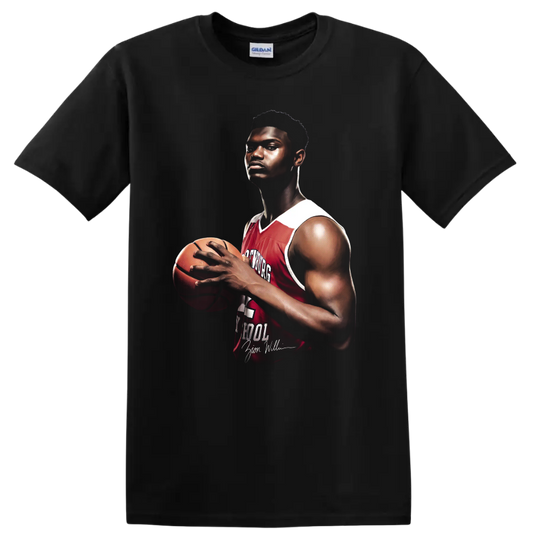Zion Williamson Spartanburg Day School basketball portrait with red number 1 jersey on a Black T Shirt