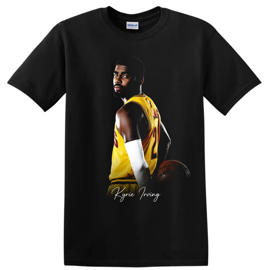 Kyrie Irving Cleveland Cavaliers basketball portrait with gold number 2 jersey on a Black T Shirt