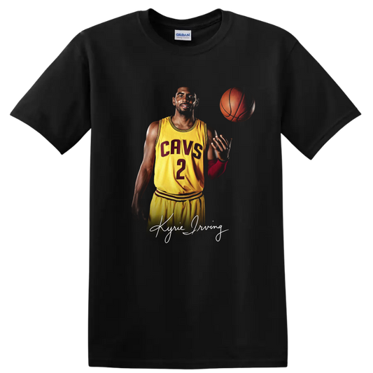 Kyrie Irving Cavaliers number 2 basketball portrait with floating ball and signature on a Black T Shirt