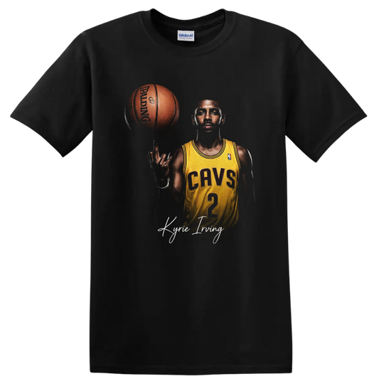 Kyrie Irving Cleveland Cavaliers basketball portrait with spinning ball and signature on a Black T Shirt