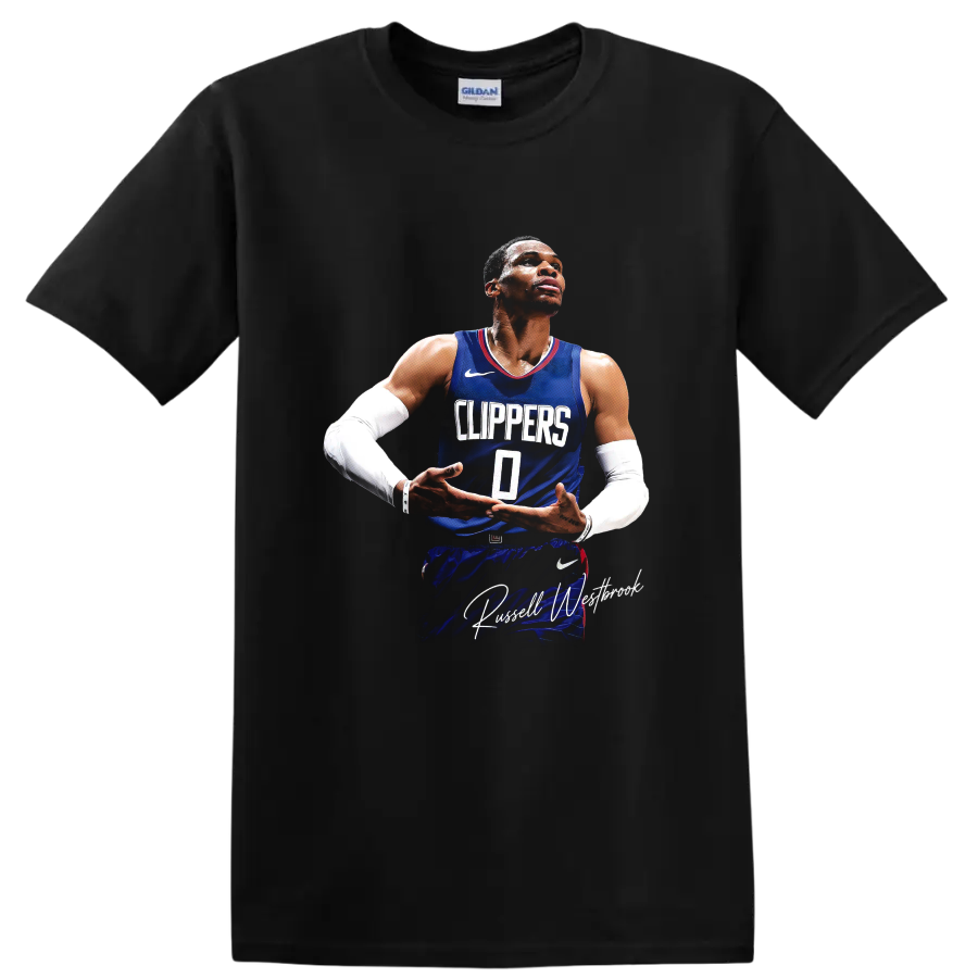 Russell Westbrook in Clippers number 0 jersey with signature-style text on a Black T Shirt