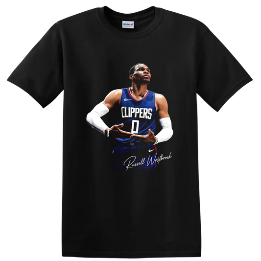 Russell Westbrook in Clippers number 0 jersey with signature-style text on a Black T Shirt