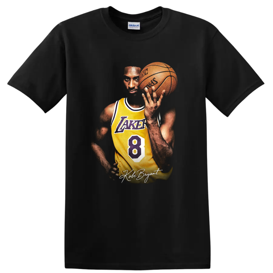 Kobe Bryant Lakers number 8 basketball portrait with signature script on a Black T Shirt