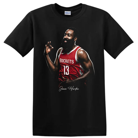 James Harden Houston Rockets number 13 basketball portrait with signature on a Black T Shirt