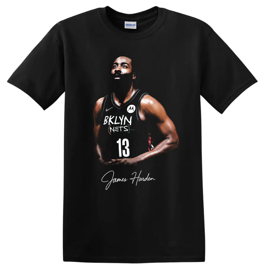 Kevin Durant Brooklyn Nets number 13 player portrait with signature-style name text on a Black T Shirt