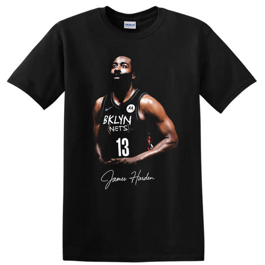 Kevin Durant Brooklyn Nets number 13 player portrait with signature-style name text on a Black T Shirt
