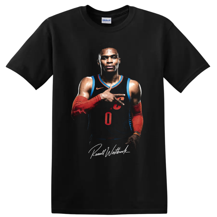 Russell Westbrook Oklahoma City Thunder number 0 basketball portrait with script signature on a Black T Shirt