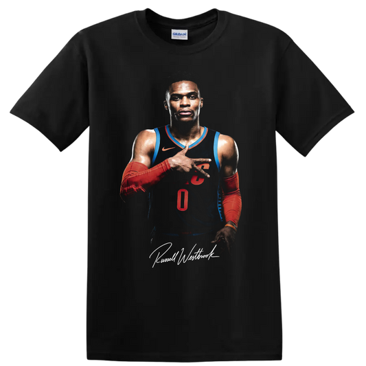 Russell Westbrook Oklahoma City Thunder number 0 basketball portrait with script signature on a Black T Shirt