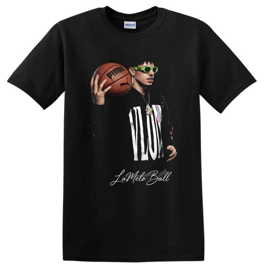 LaMelo Ball holding a basketball in neon green sunglasses with MELO lettering on a Black T Shirt