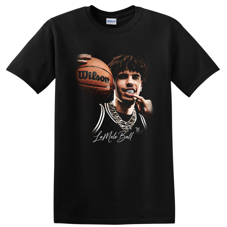 LaMelo Ball holding basketball in bold Charlotte Hornets portrait artwork on a Black T Shirt