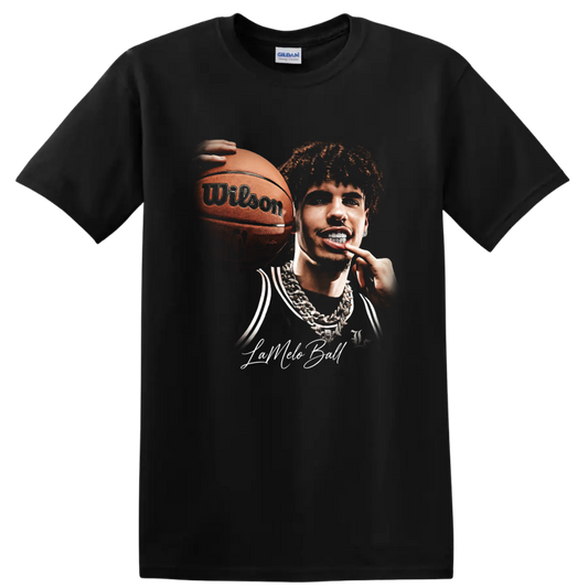 LaMelo Ball holding basketball in bold Charlotte Hornets portrait artwork on a Black T Shirt