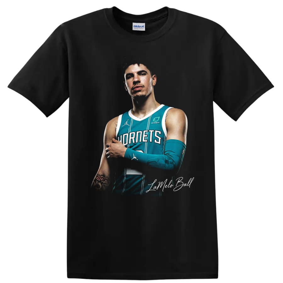 LaMelo Ball Charlotte Hornets teal jersey basketball portrait with script signature on a Black T Shirt