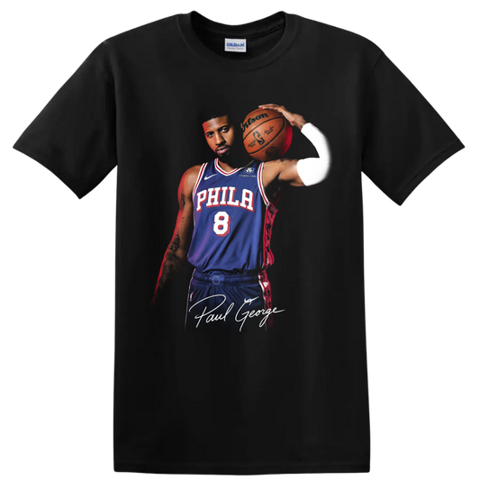 Paul George Philadelphia 76ers basketball portrait with blue number 8 uniform on a Black T Shirt