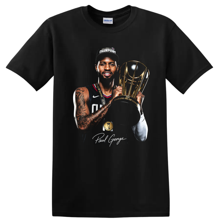 Chris Bosh Miami Heat basketball portrait with championship trophy and signature on a Black T Shirt
