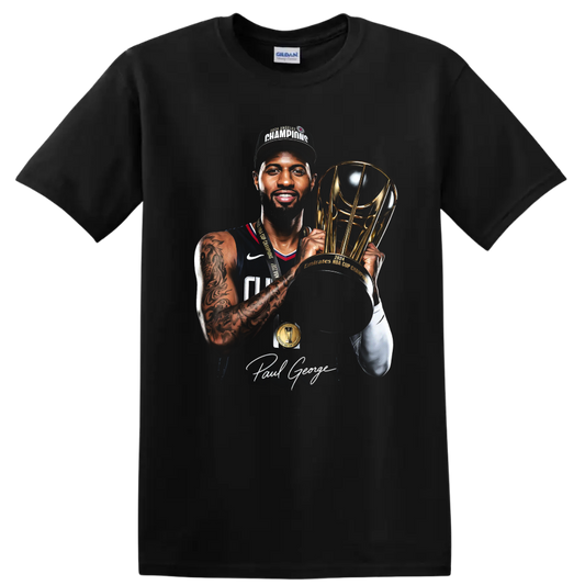 Chris Bosh Miami Heat basketball portrait with championship trophy and signature on a Black T Shirt