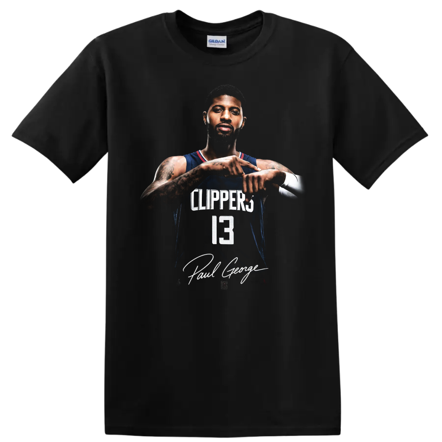 Paul George Los Angeles Clippers number 13 player portrait with signature-style text on a Black T Shirt