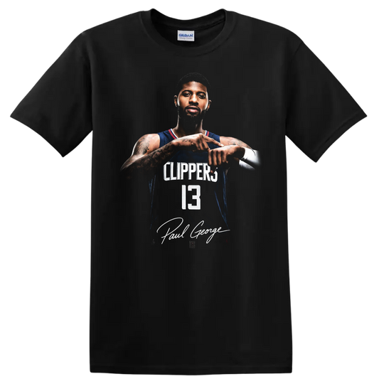 Paul George Los Angeles Clippers number 13 player portrait with signature-style text on a Black T Shirt