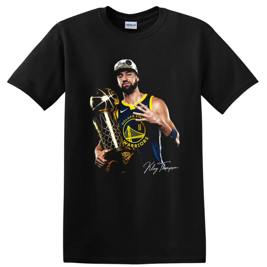 Andrew Wiggins Warriors championship trophy portrait with blue-and-gold uniform on a Black T Shirt