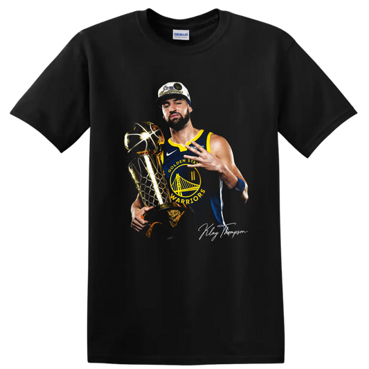 Andrew Wiggins Warriors championship trophy portrait with blue-and-gold uniform on a Black T Shirt