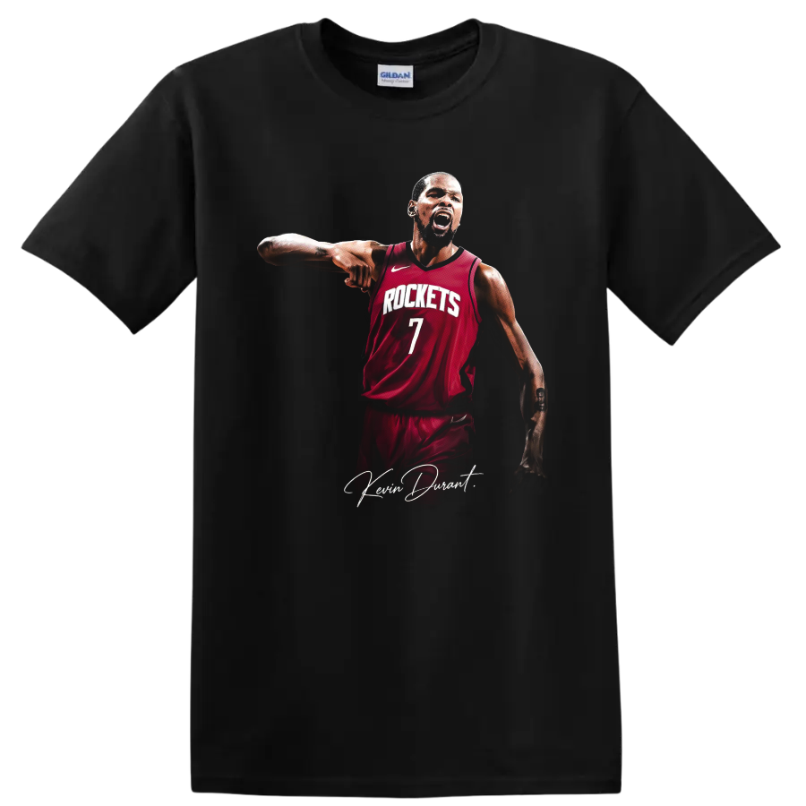 Kevin Durant Houston Rockets number 7 basketball portrait with signature script on a Black T Shirt