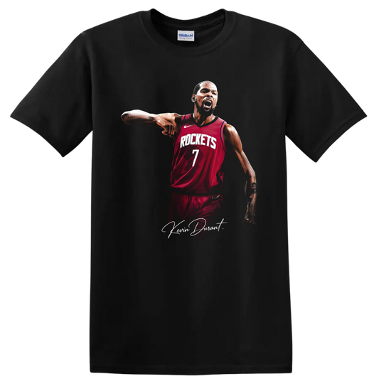 Kevin Durant Houston Rockets number 7 basketball portrait with signature script on a Black T Shirt