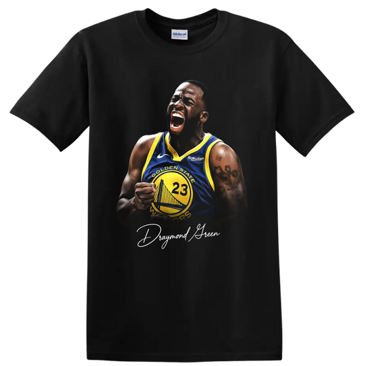 Draymond Green roaring in a blue and yellow Golden State Warriors number 23 jersey on a Black T Shirt