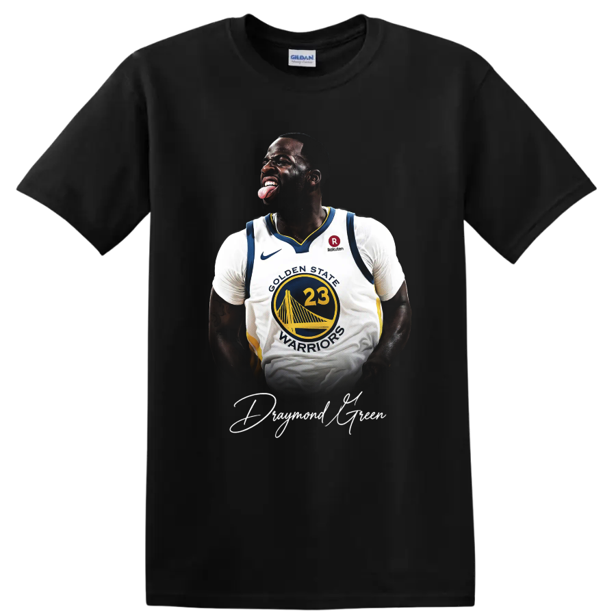 Draymond Green Golden State Warriors basketball portrait with white script signature on a Black T Shirt