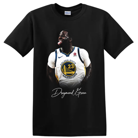 Draymond Green Golden State Warriors basketball portrait with white script signature on a Black T Shirt