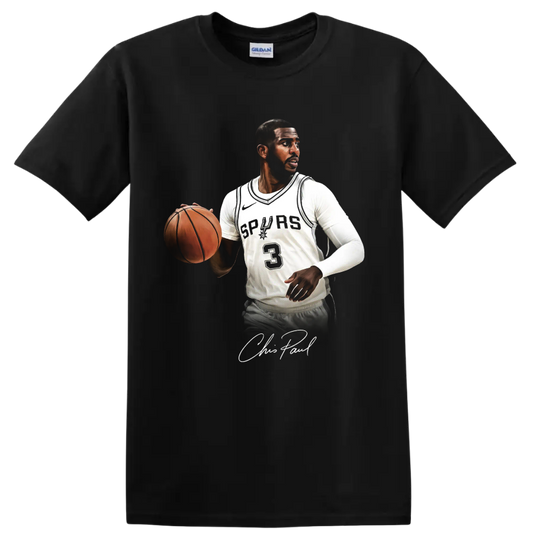 Chris Paul Spurs basketball action portrait with ball, number 3 jersey, and signature on a Black T Shirt