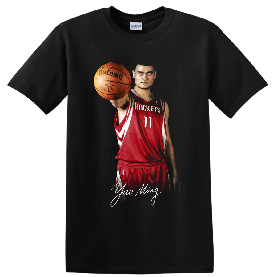 Yao Ming in Houston Rockets number 11 uniform holding basketball with signature on a Black T Shirt