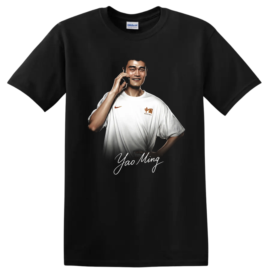 Yao Ming basketball portrait with signature-style lettering on a Black T Shirt