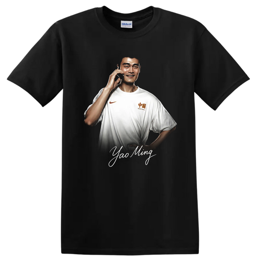 Yao Ming basketball portrait with signature-style lettering on a Black T Shirt