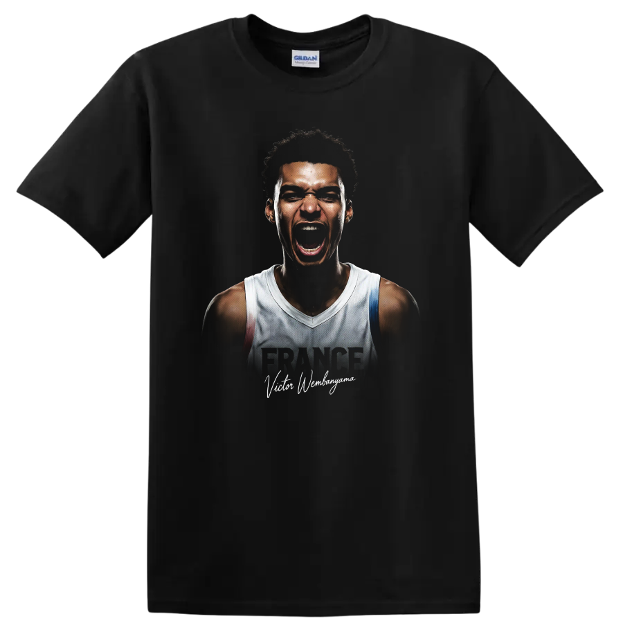 Victor Wembanyama intense basketball portrait with FRANCE text and signature lettering on a Black T Shirt