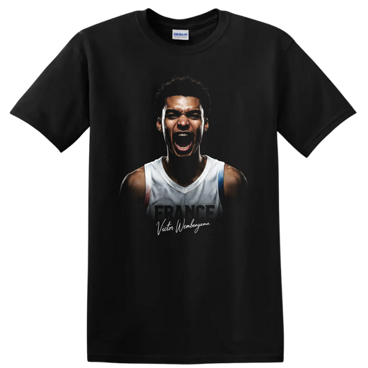Victor Wembanyama intense basketball portrait with FRANCE text and signature lettering on a Black T Shirt