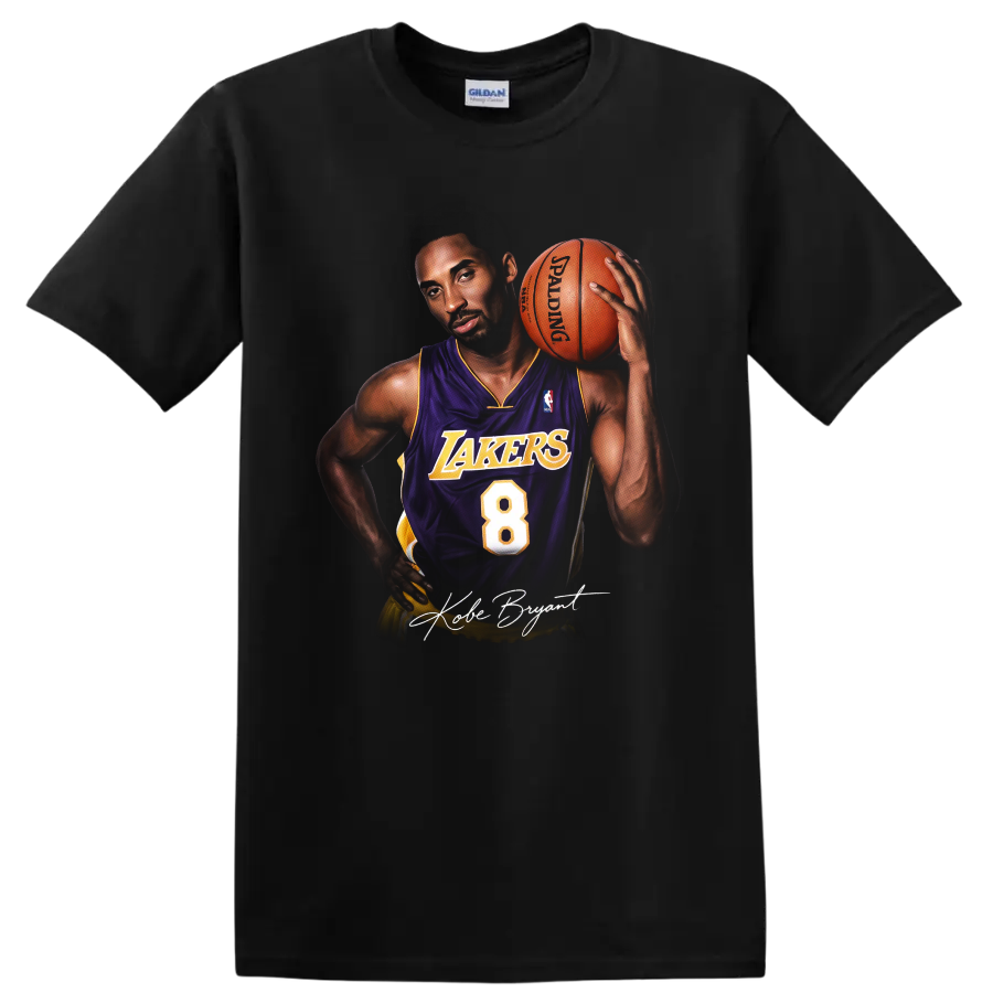 Kobe Bryant in Los Angeles Lakers number 8 jersey holding basketball, signature-style art on a Black T Shirt