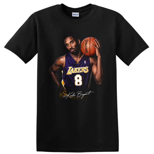 Kobe Bryant in Los Angeles Lakers number 8 jersey holding basketball, signature-style art on a Black T Shirt