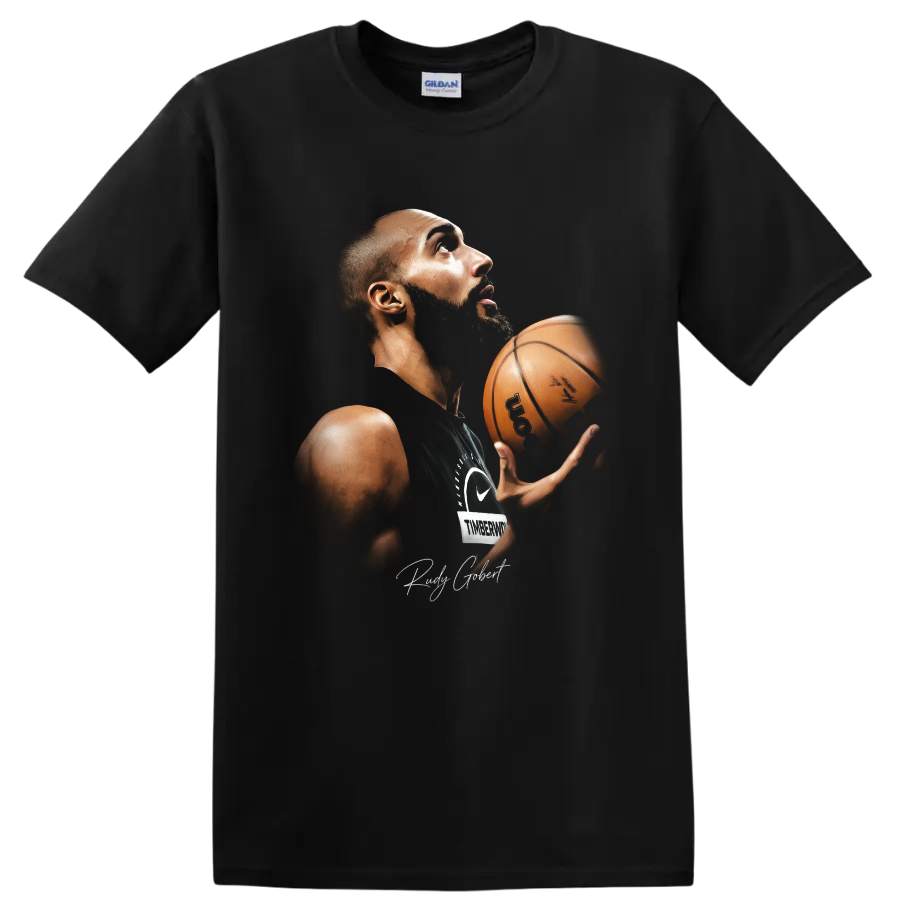 Anthony Edwards holding basketball in dramatic Minnesota Timberwolves portrait artwork on a Black T Shirt