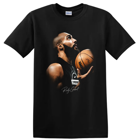 Anthony Edwards holding basketball in dramatic Minnesota Timberwolves portrait artwork on a Black T Shirt