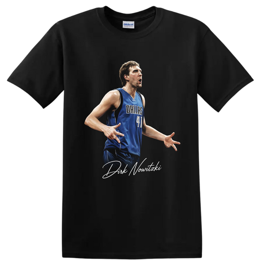 Dirk Nowitzki Dallas Mavericks number 41 player portrait with signature script on a Black T Shirt