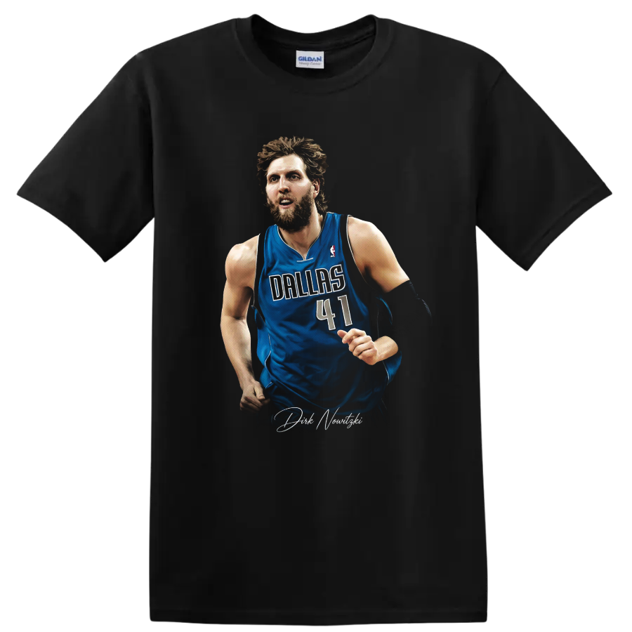Dirk Nowitzki in Dallas Mavericks number 41 jersey with signature-style graphic on a Black T Shirt