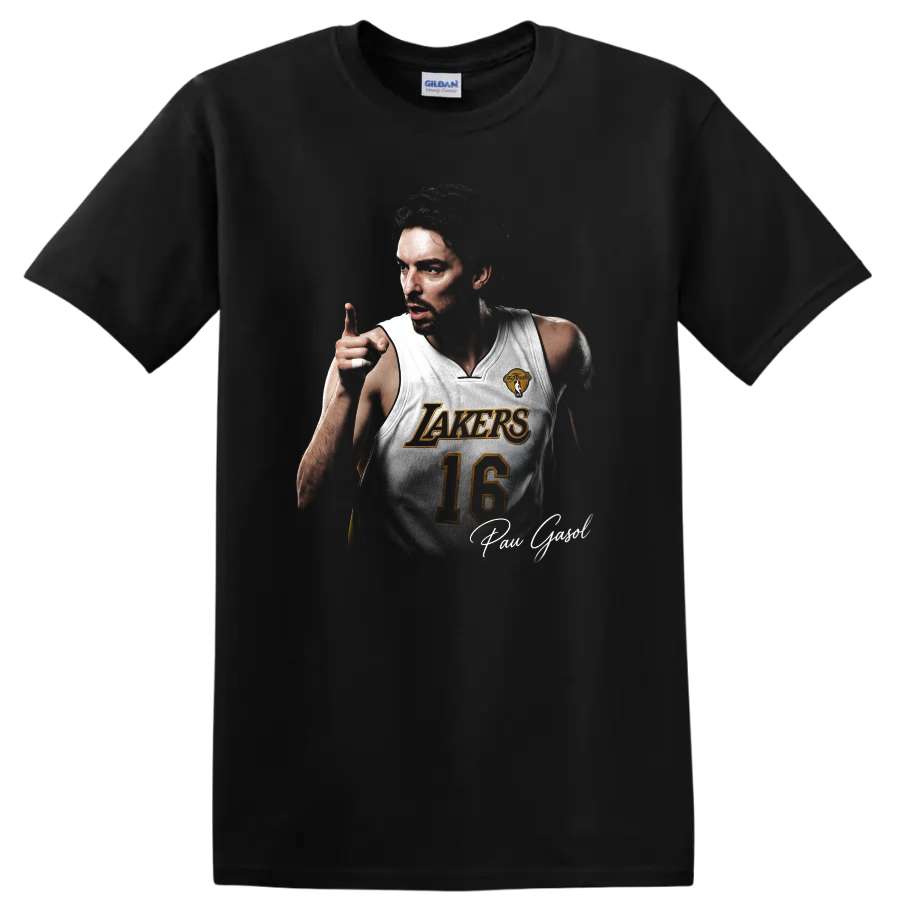Pau Gasol Los Angeles Lakers number 16 basketball portrait with signature on a Black T Shirt