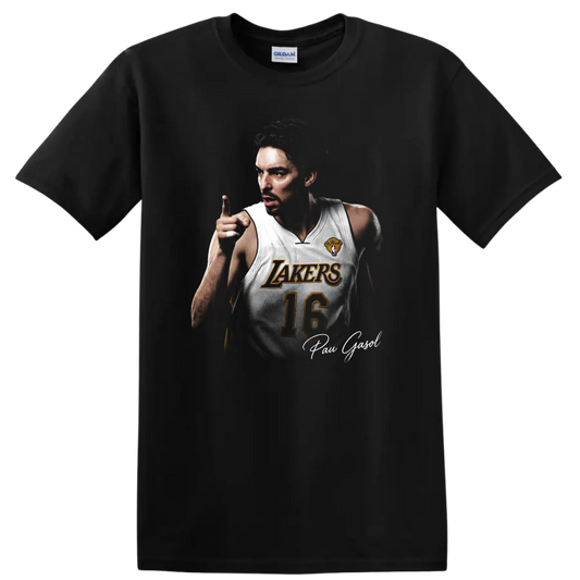 Pau Gasol Los Angeles Lakers number 16 basketball portrait with signature on a Black T Shirt