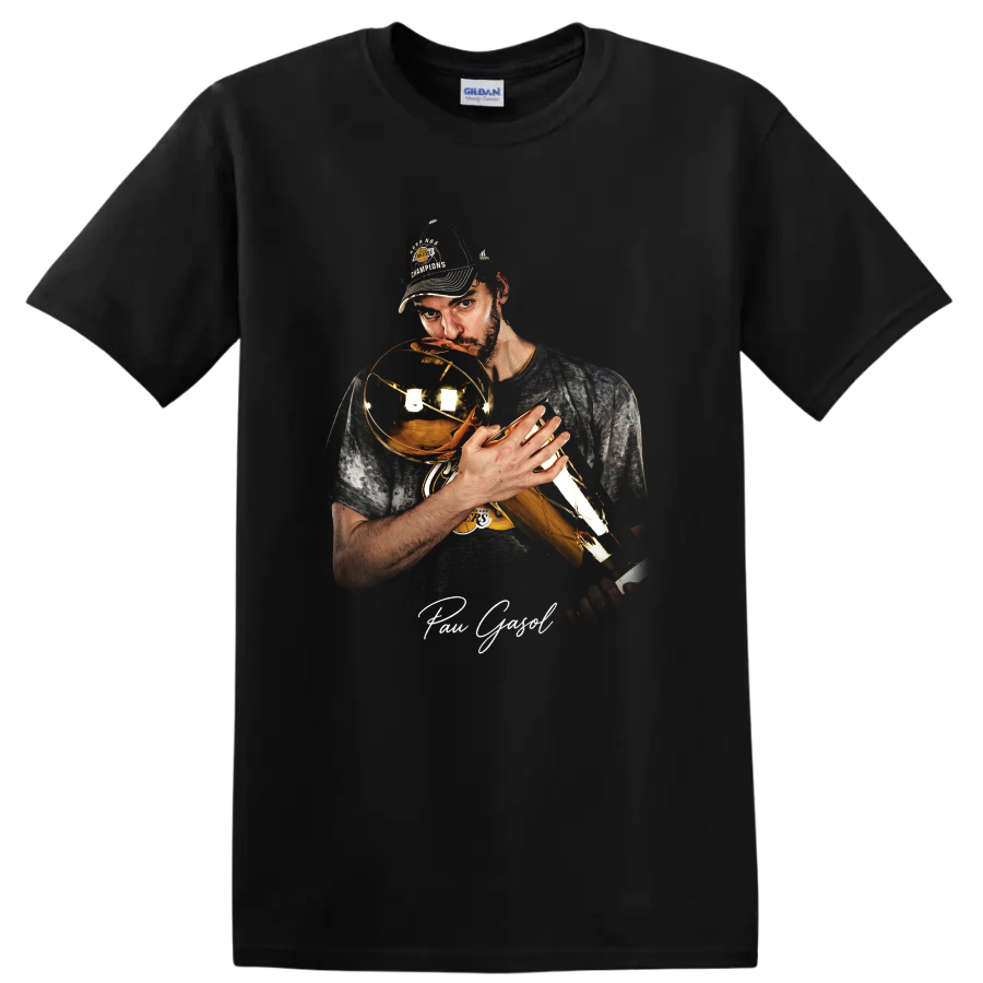 Pau Gasol holding a championship trophy in dramatic Lakers portrait artwork on a Black T Shirt